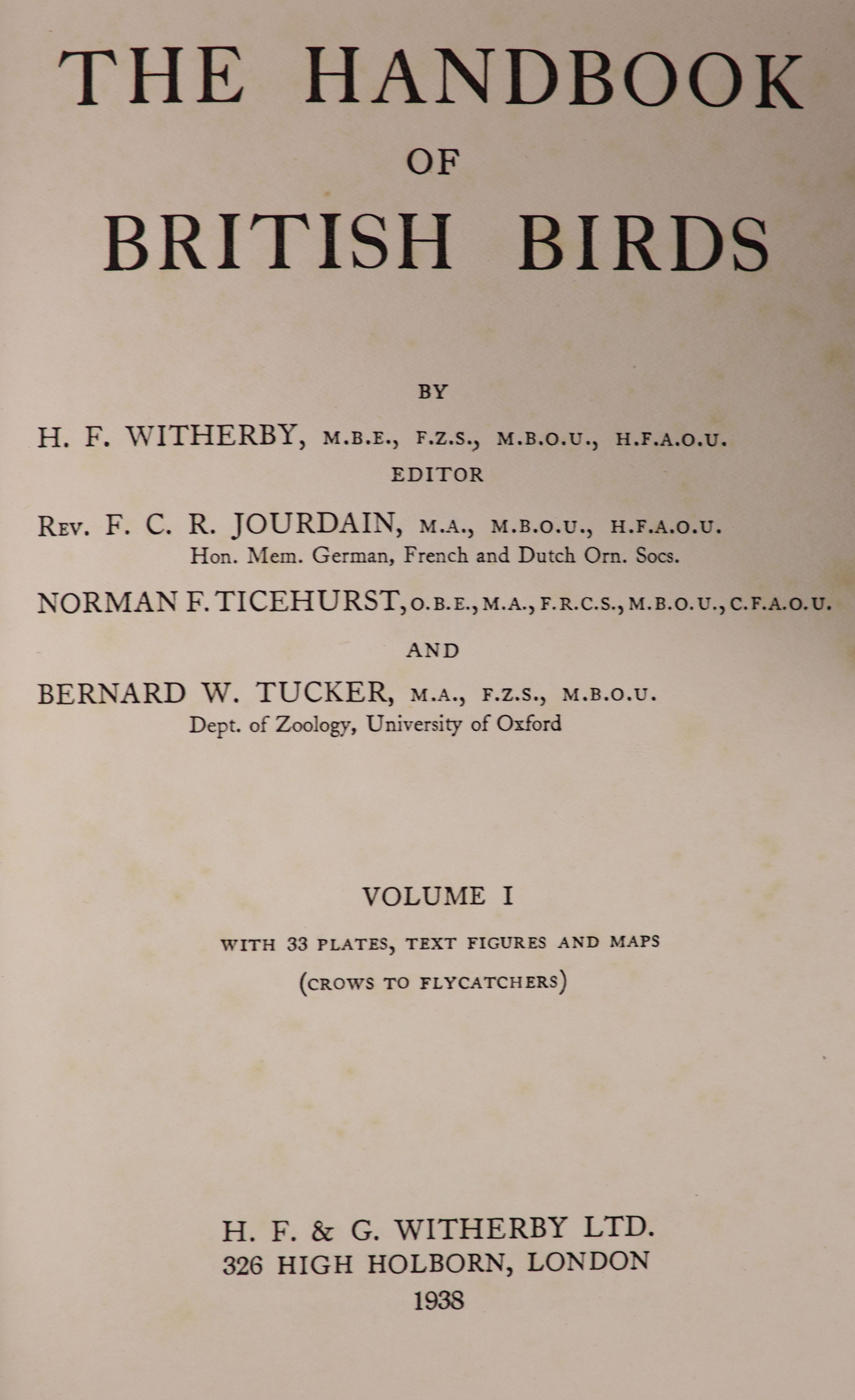 Witherby, H.F. [and others] - The Handbook of British Birds. 5 vols, 1st edition. Complete with the listed 147 plates (both coloured and black and white), and numerous text illustrations. Publishers’ cloth, gilt lettered